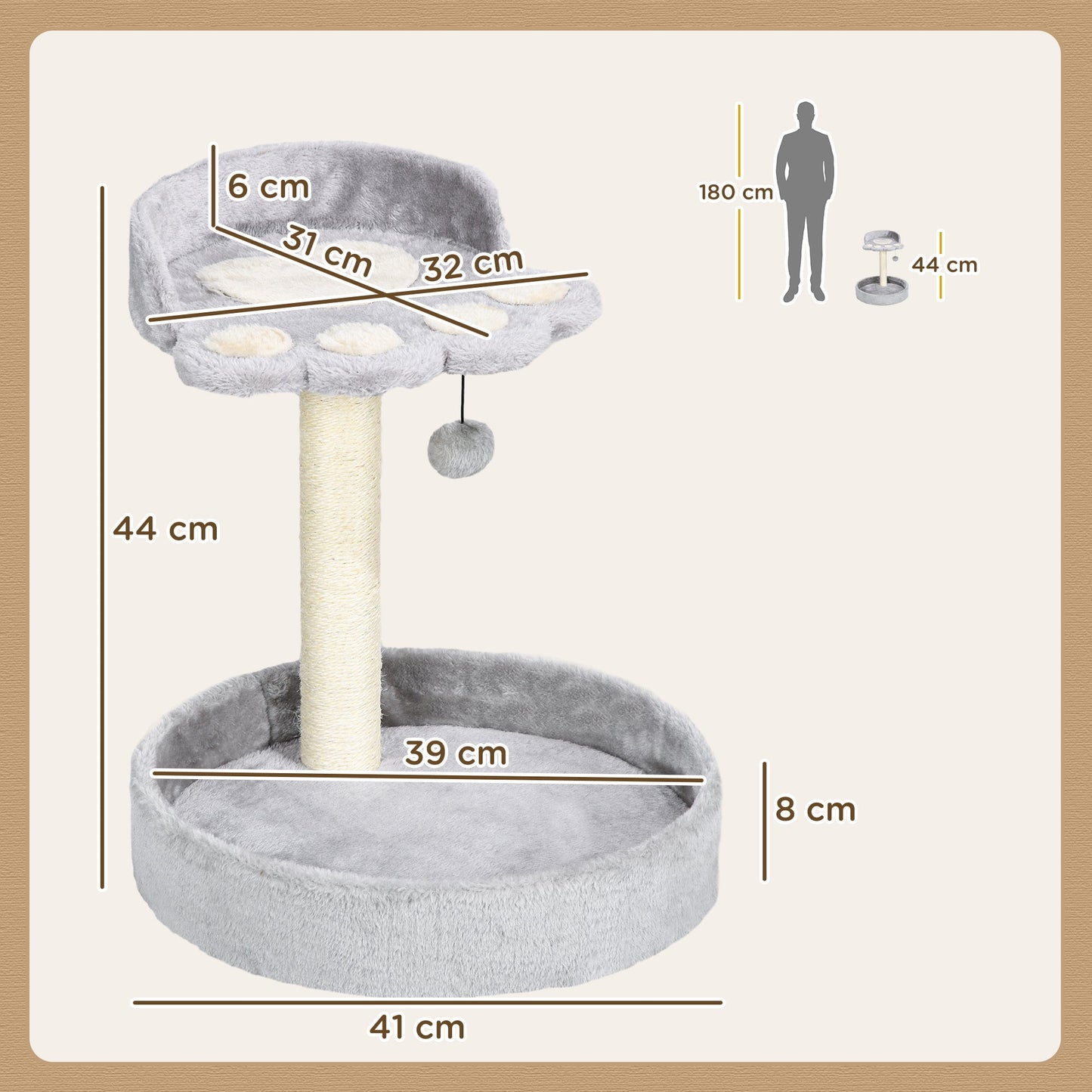 44cm Cat Tower, Cat Tree for Indoor Cats, with Sisal Cat Scratching Post, Toy Ball - Light Grey