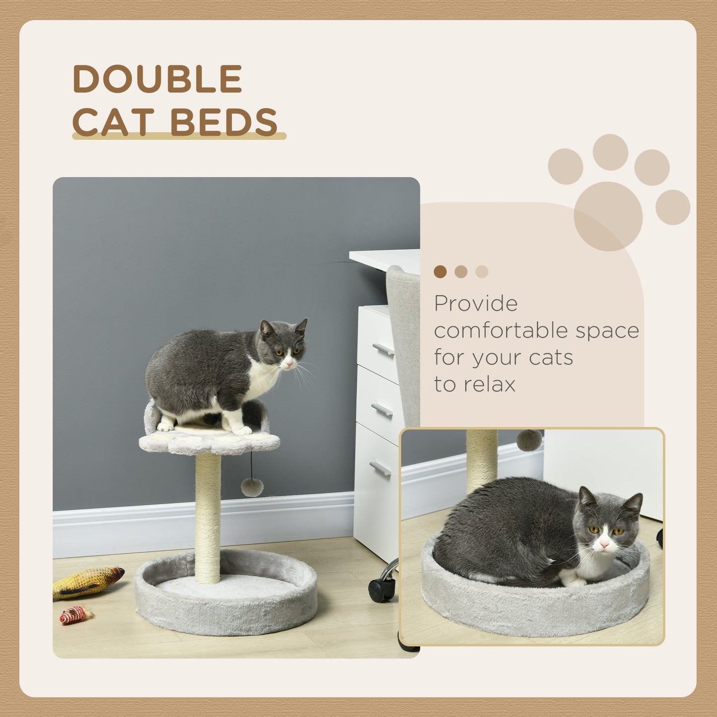 44cm Cat Tower, Cat Tree for Indoor Cats, with Sisal Cat Scratching Post, Toy Ball - Light Grey
